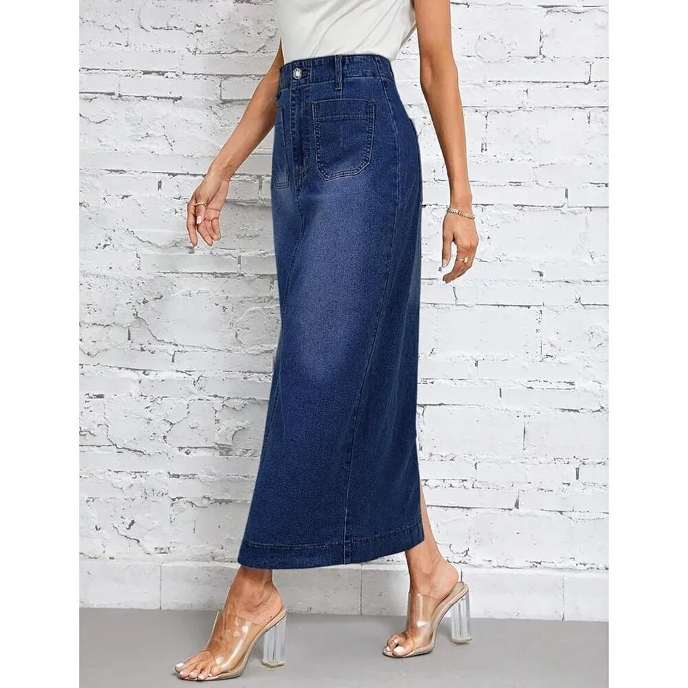 Long Denim Skirt Women Stretch Maxi High Waisted Pockets Back Slit Casual